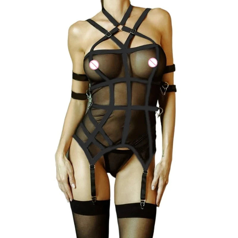 Toucheart Erotic Lingerie Fashionable See-through Mesh Complex Craft Waist Halterneck Women Luxurious Sexy Suit with Leg Socks