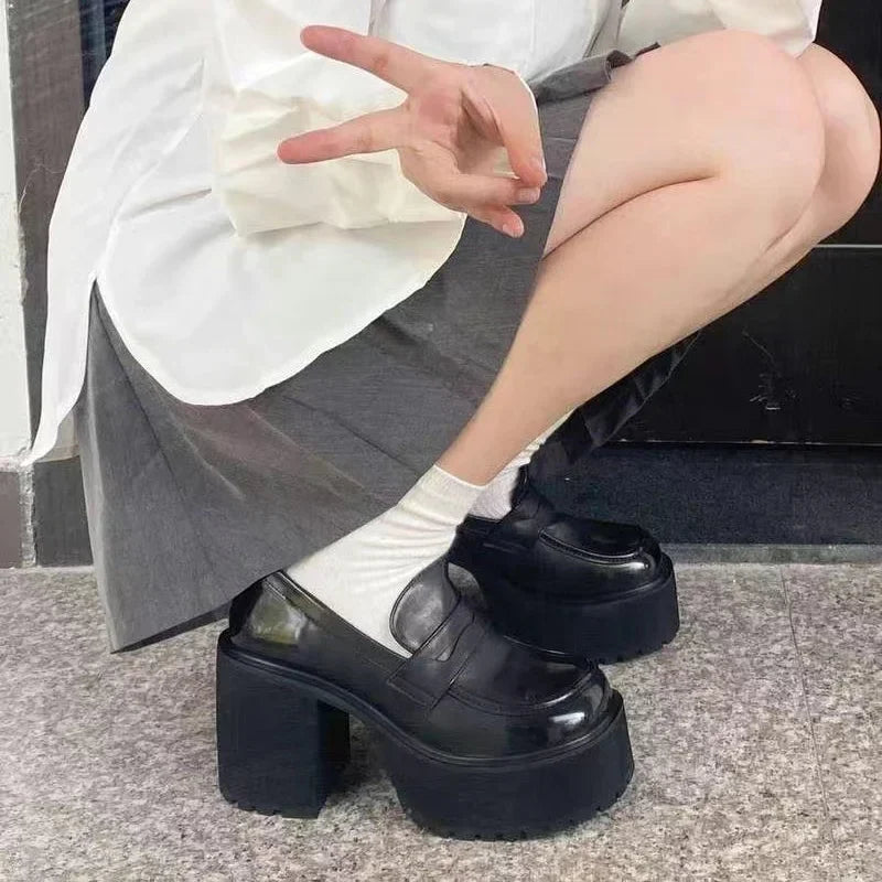 Punk Style Chunky Platform Pumps Women Black Pu Leather Super High Heel Loafers Woman Slip On Thick Heels Lolita Mary Jane Shoes