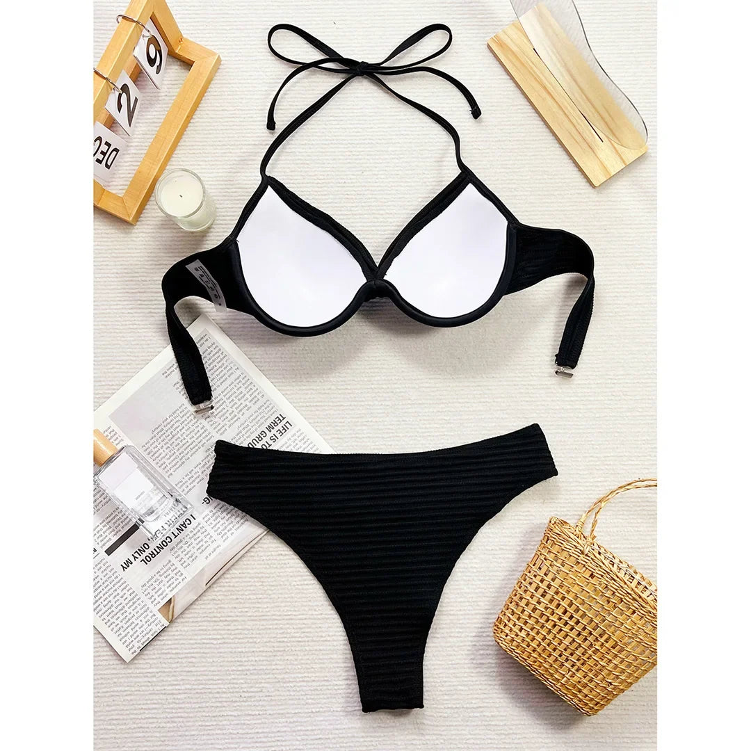 Wrinkled Halter Underwired Bikini Women Swimwear Female Swimsuit Two-pieces Bikini set Mid Waist Bather Bathing Suit Swim V5440