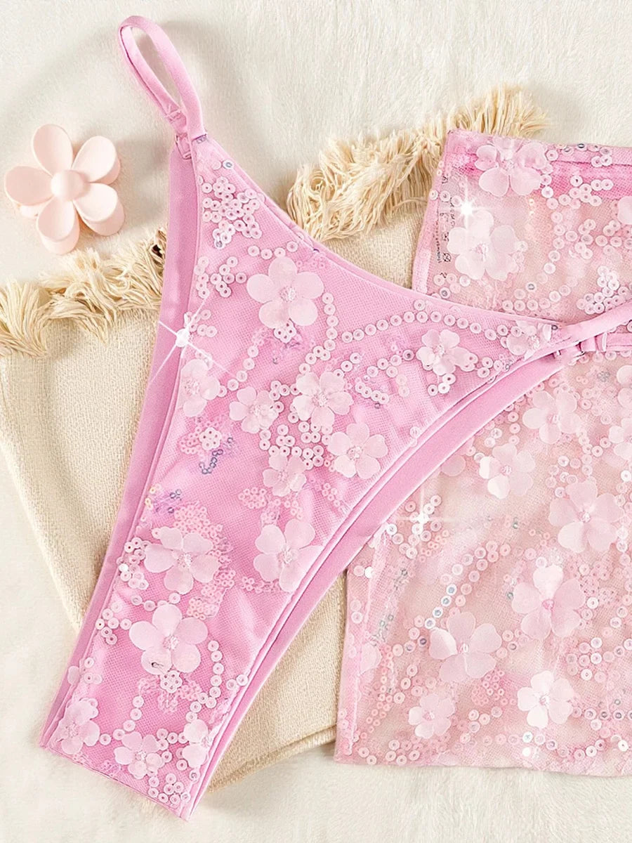 S - XL Mesh Skirt 3D Flowers Sequins Bikini Female Swimsuit Women Swimwear Three-pieces Bikini Set Bathing Suit Swim Beachwear