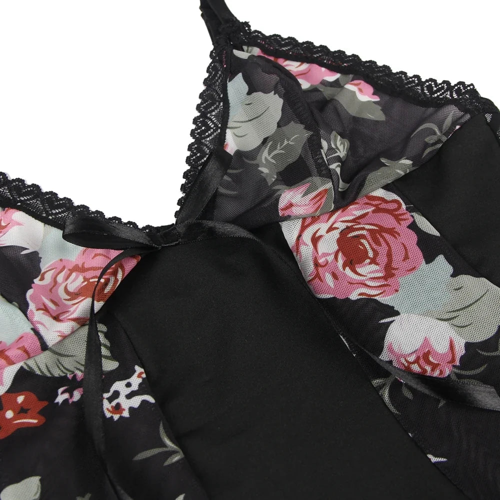 Sexy Women Mesh Printed Honeymoon Nightgown Lace Trim Adjustable Strap Sleep Dress Sheer Black Chemise Lingerie XS-L With Thong
