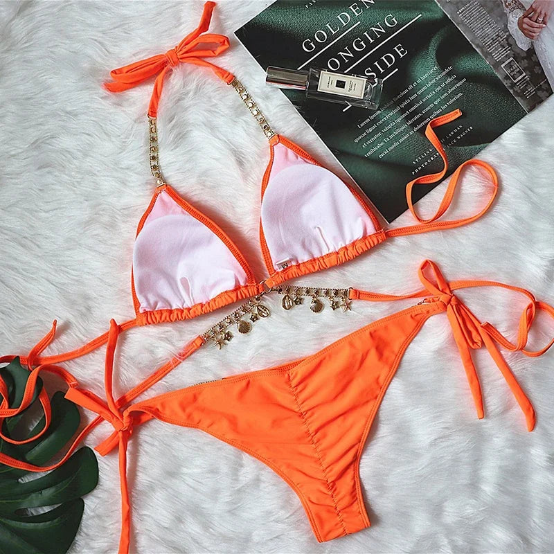 Wrap Around Halter Metal Chains Bikinis 2025 Diamond Bikini Women Swimsuit Female Swimwear Two Pieces Bikini set Bathing Suit