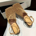 Women's Sandals Summer Luxury Designer  Lace Mesh Square Toe Shallow Narrow Strap Braided Slip-on High Heels Sandals