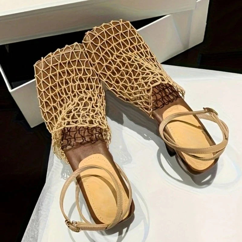 Women's Sandals Summer Luxury Designer  Lace Mesh Square Toe Shallow Narrow Strap Braided Slip-on High Heels Sandals
