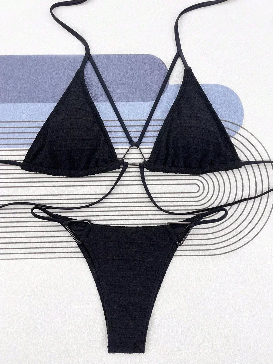 Sexy Wrinkled Halter High Cut Bikini Female Swimsuit Women Swimwear Two-pieces Bikini set Hollow Out Bather Bathing Suit Swim