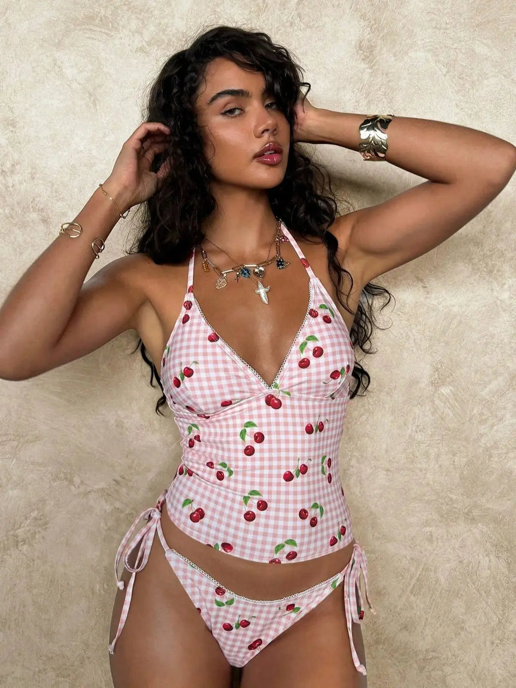 DEKA Pure Desire Pure Pink Cherry Bikini Set Push Up Mesh Lace Up Sexy Swimwear Wrap Print Pattern Spice Girls Swimsuit
