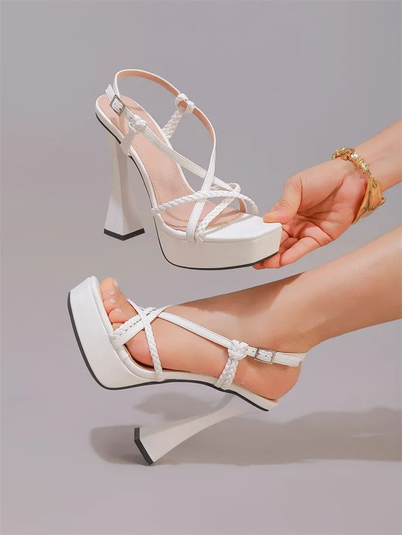 2027 New Arrival Weave Narrow Band Back Buckle Strap Women Platform Sandals Strange High Heels  Party Dress Shoes Size 42