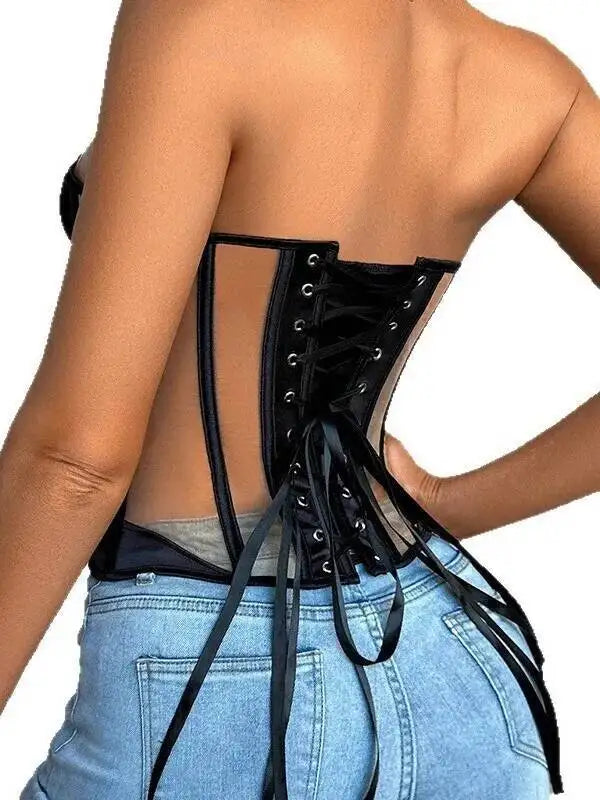 Mesh Thin Corset Sexy Erotic Tight Corset Fishbone Top Casaul Transparent Off-the-shoulder Pure Desire Elegant Top Charming 6EX2