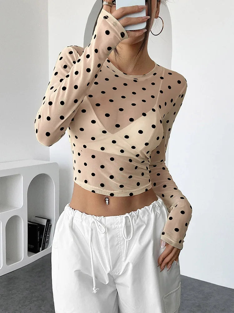 Womens Polka Dots Long Sleeve Mesh Tops Sexy See Through Sheer Blouses Shirts Going Out Crop Top Y2K Date Night Club Party Tops
