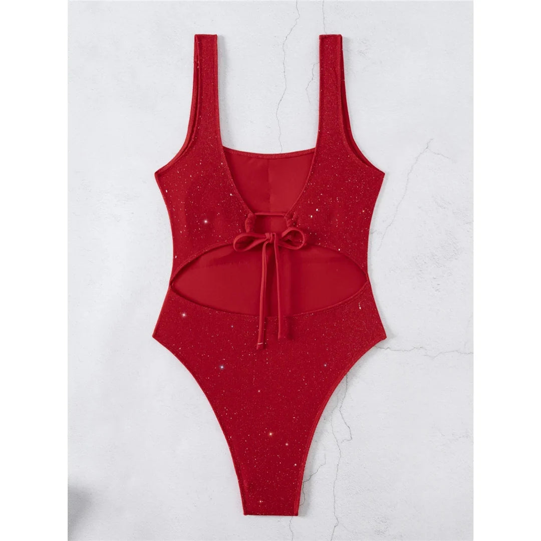 Glitter Sparkling Cut Out Backless One Piece Swimsuit Women Swimwear Female High Cut Leg Padded Bather Bathing Suit Swim V6493