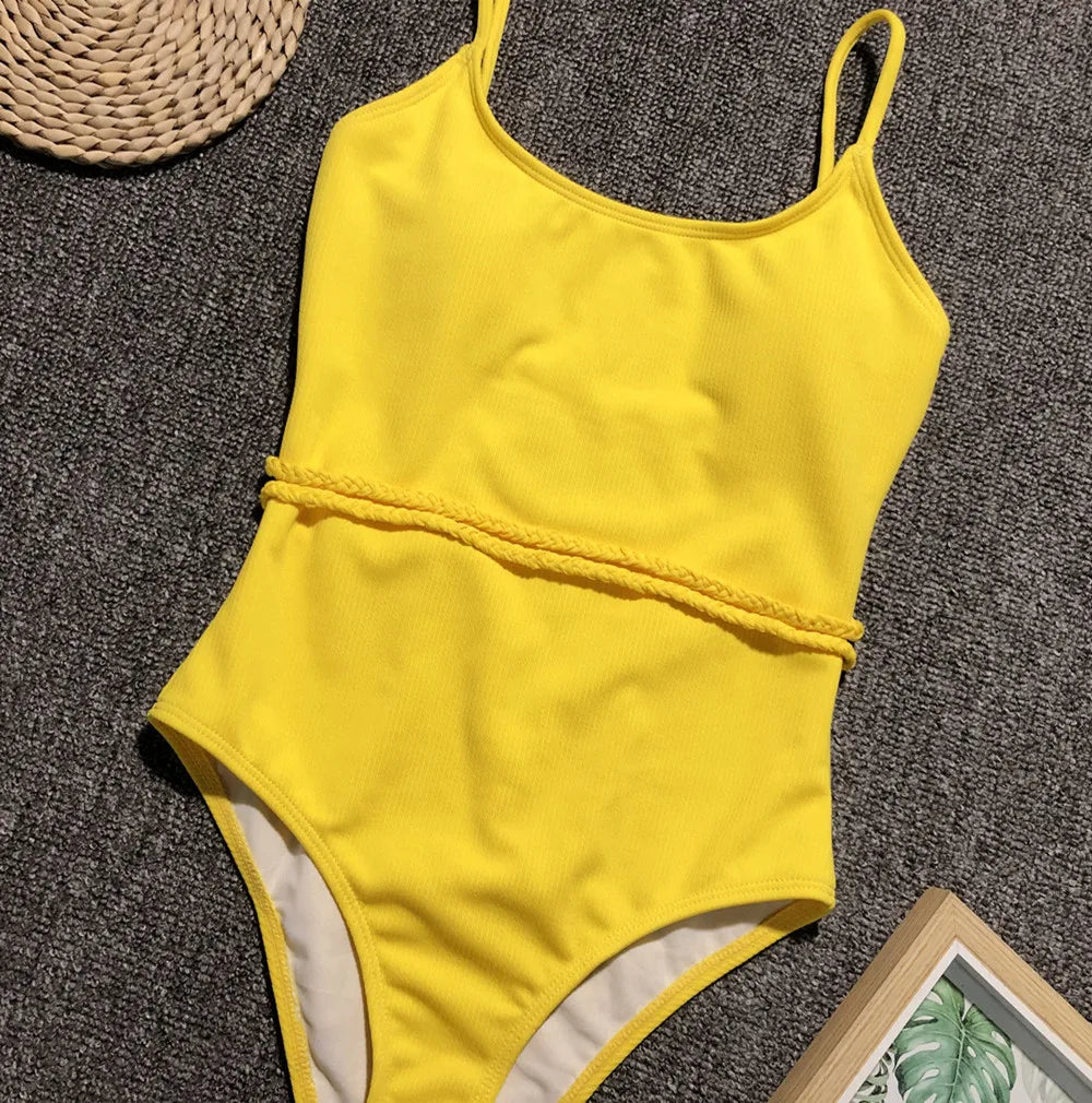4 Colors Sexy One Piece Swimsuit Swimwear Women Solid Special Fabric Bathing Suit Beachwear with Waistband Maillot De Bain Femme