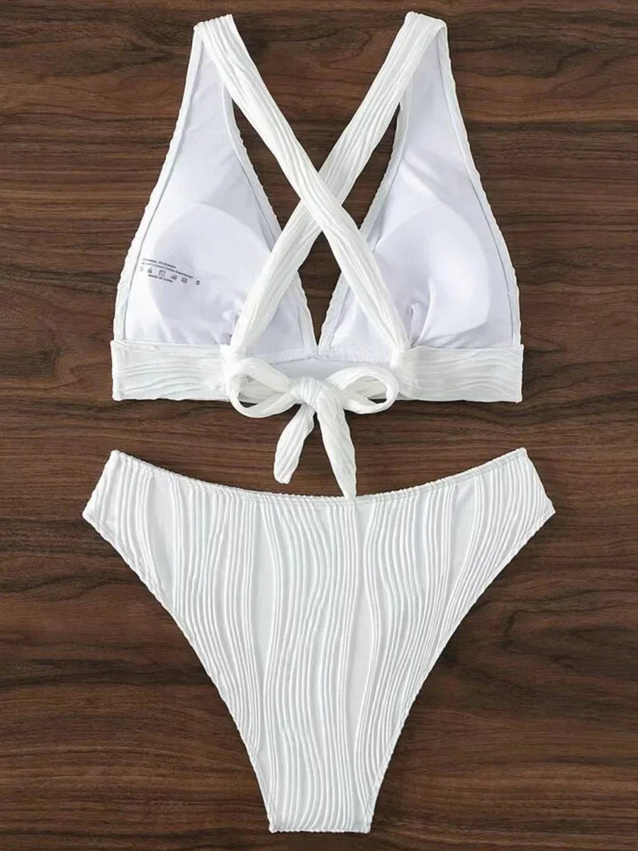 Wrinkled Crinkled Cross Back Bikini Women Swimwear Female Swimsuit Two-pieces Bikini Set High Cut Bathing Suit Swim Beach Wear