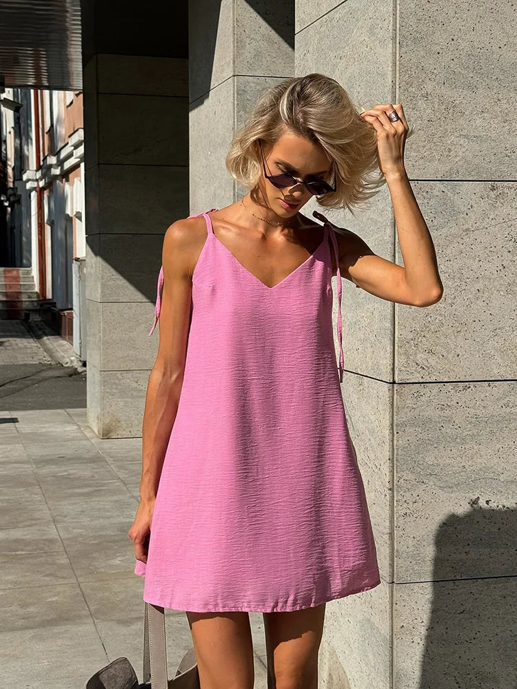 Ahagaga Fashion Women's Dresses Solid Straps Bandage Regular Causal V-Neck Sleeveless Summer Camisole Loose Sweet Femlae Vestido
