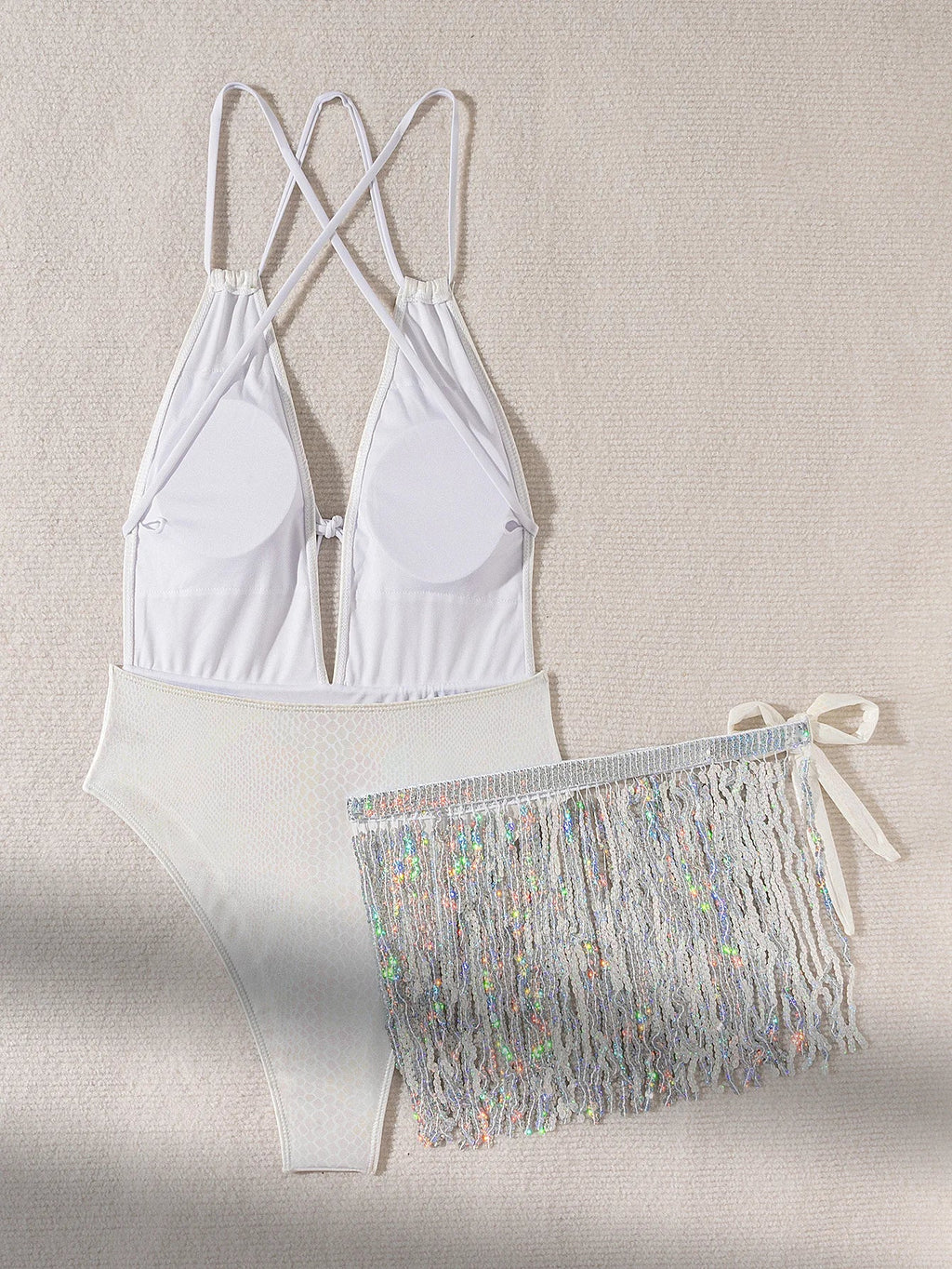 New Shiny One Piece Swimsuit Sexy White Snakeskin Print Deep V Neck Swimwear Backless Bathing Suit Sequin Tassel Skirt Monokini