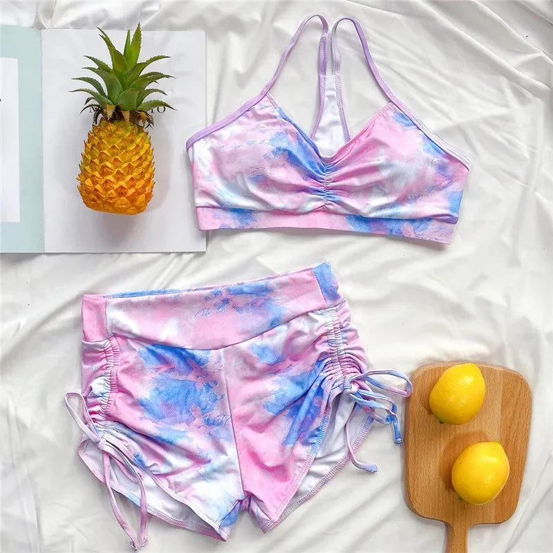 Tie Dye Lace Up Shorts Female Swimsuit High Waist Bikini Women Swimwear Two-pieces Bikini Set Yoga Bather Bathing Suit Swim Lady