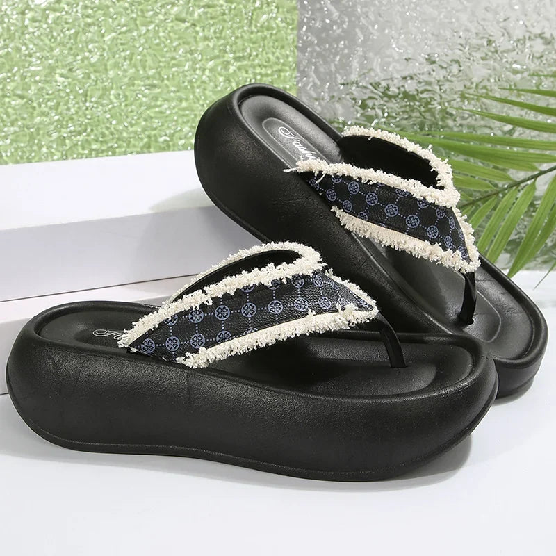 Fashion Design Wedge Heel Flip Flops Women Comfortable Clip Toe Platform Slippers Woman 2026 Printed Thick Bottom Sandals Female
