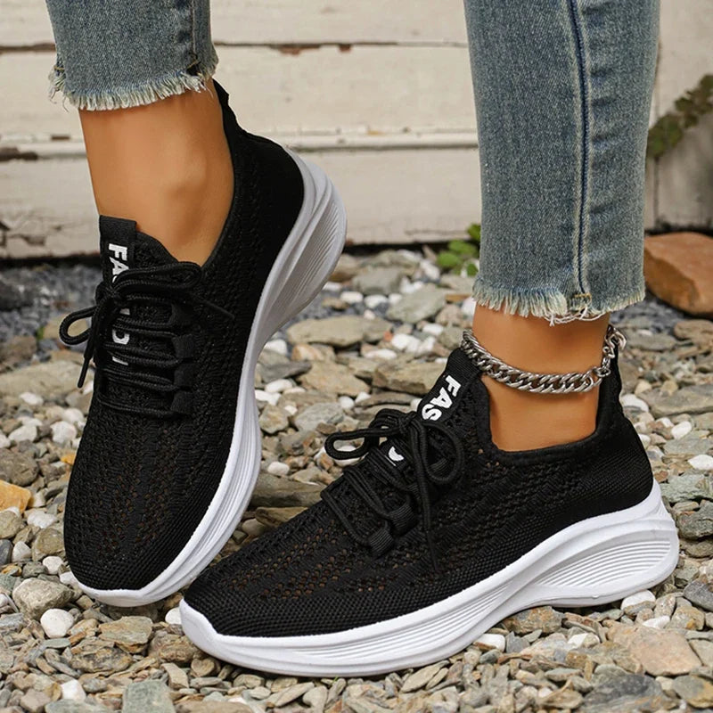 Spring Summer Breathable Mesh Sport Shoes Women Slip On Hollow Out Knitted Flats Shoes Woman Plus Size 43 Thick Sole Sneakers