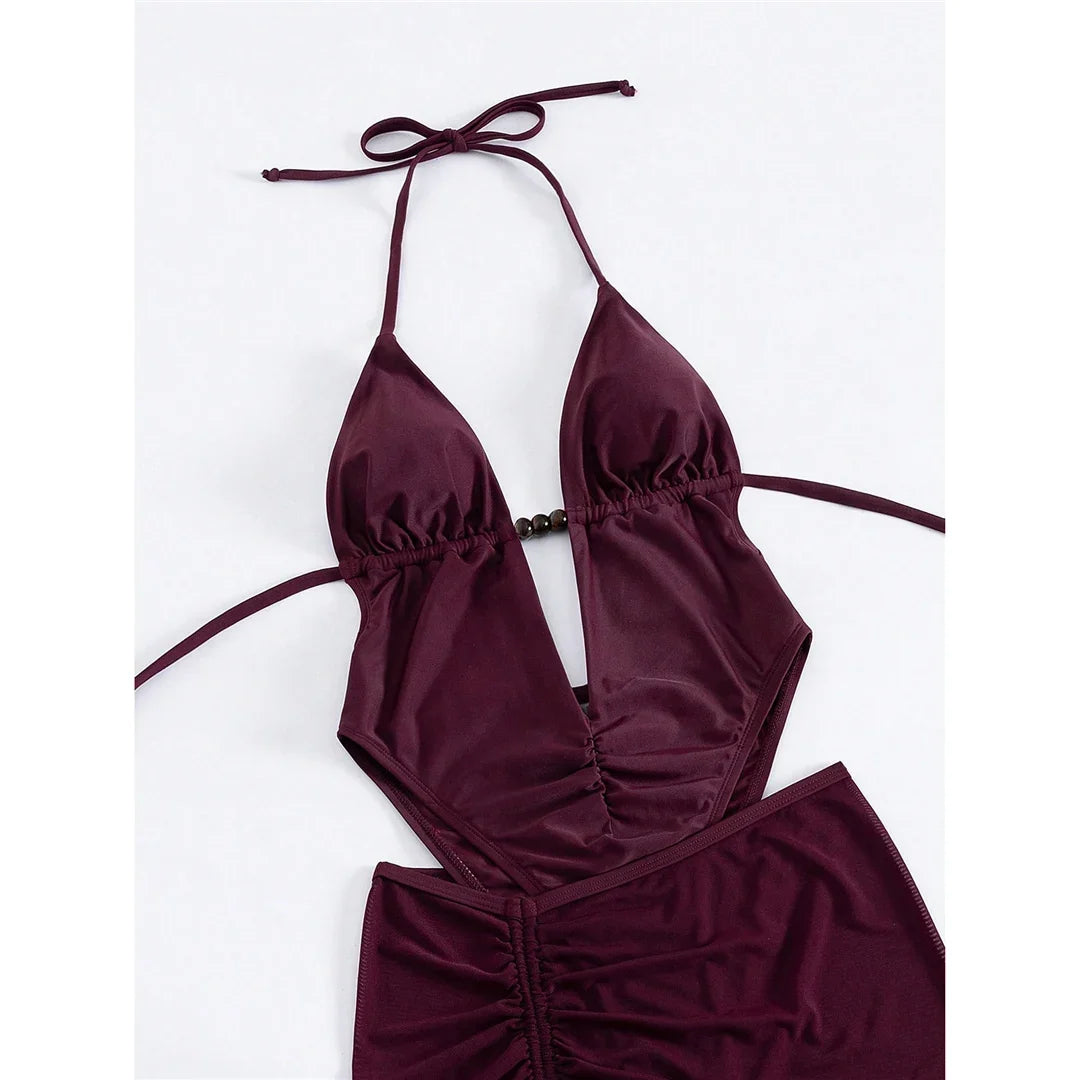 Sexy With Skirt Halter Deep V Neck Women Swimwear One Piece Swimsuit Female High Leg Cut Backless Bather Bathing Suit Swim V8112