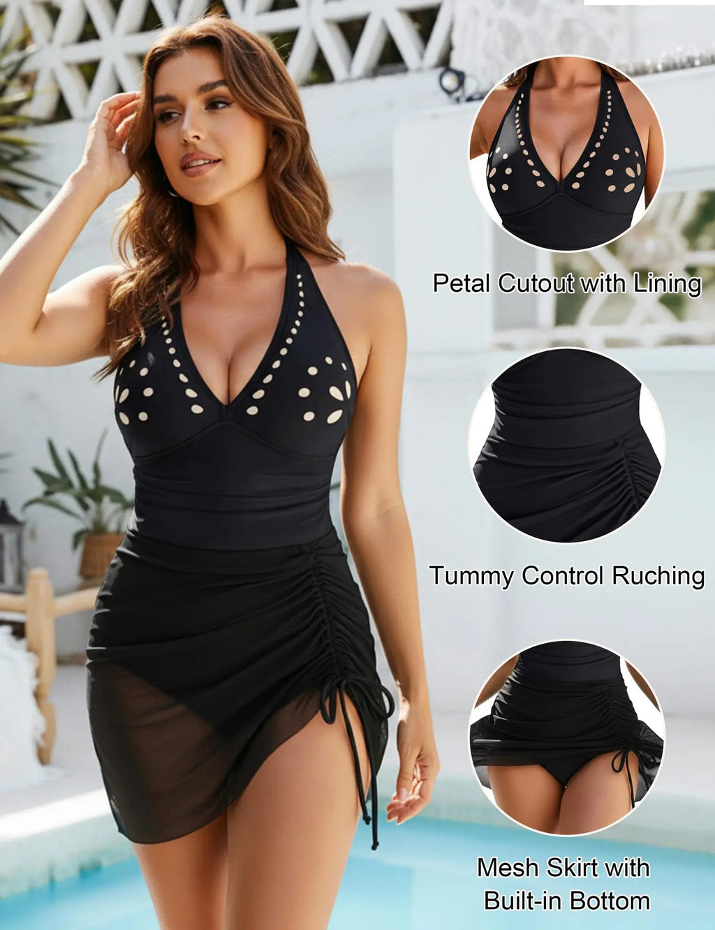 2026 Summer Sexy Hollow Out One-piece Suit Swimwear Back Cross Bandage Bikini with Cover Up Dress Beachwear Female Holiday Look