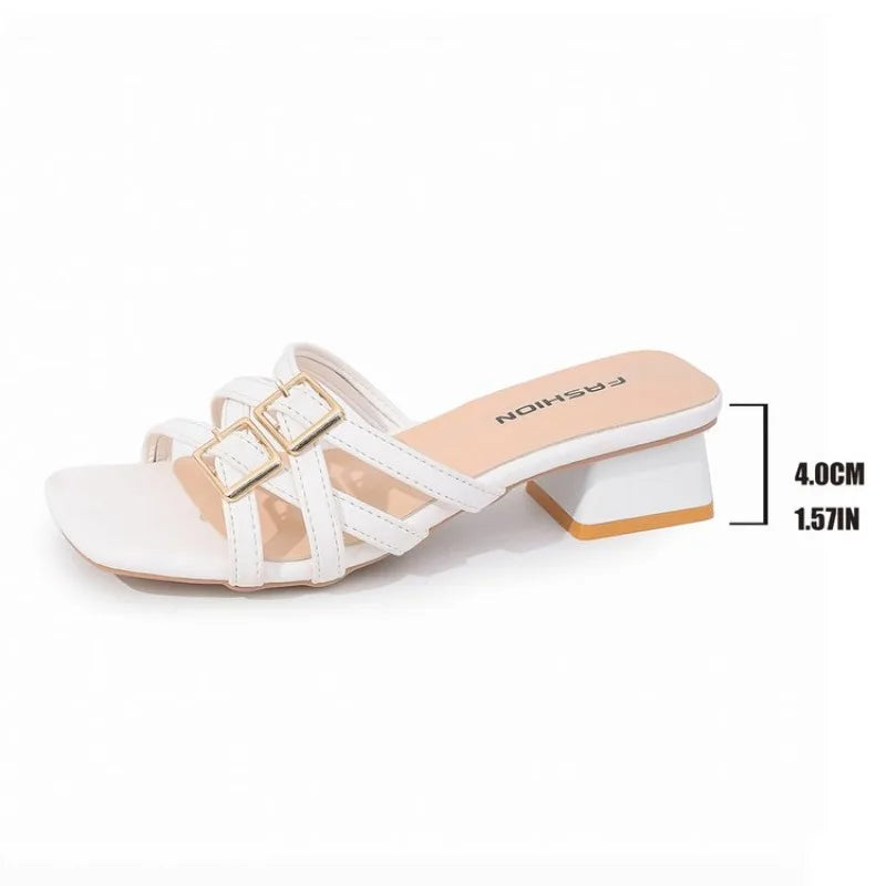 Gladiator Slippers Women Calfskin Square Toe Cross-tied Woven Buckle Strap Solid Color Flats Summer Female Shoes