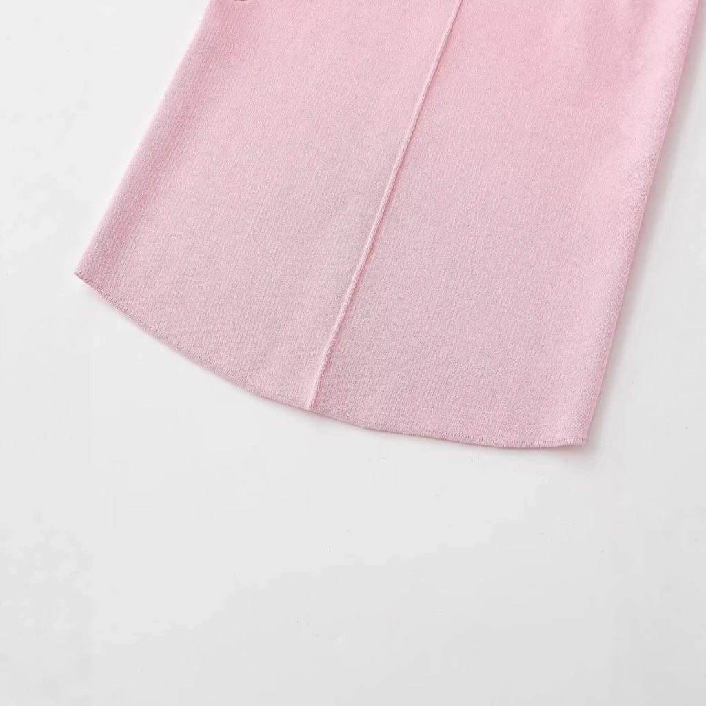 Women's Fashion Casual Puff Sleeve Casual Top Pink Puff Sleeve Knit Top Round Neck Ribbed Back Zipper Casual Style T-Shirt 60BW
