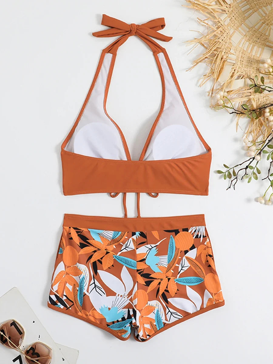 Halter Bikinis 2026 Women Printed Swimsuit Shorts High Waist Swimwear Female Bathers Swimming Bathing Suit Summer Beachwear