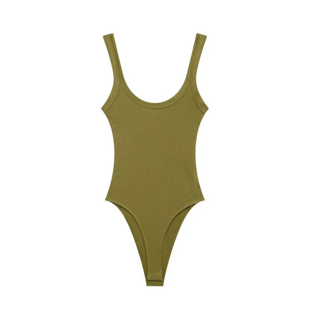 Women's Skinny Ribbed O-Neck Bodysuits with Straps Snap-Button Sexy Fashion Playsuits Comfortable Stretchy Female Clothing
