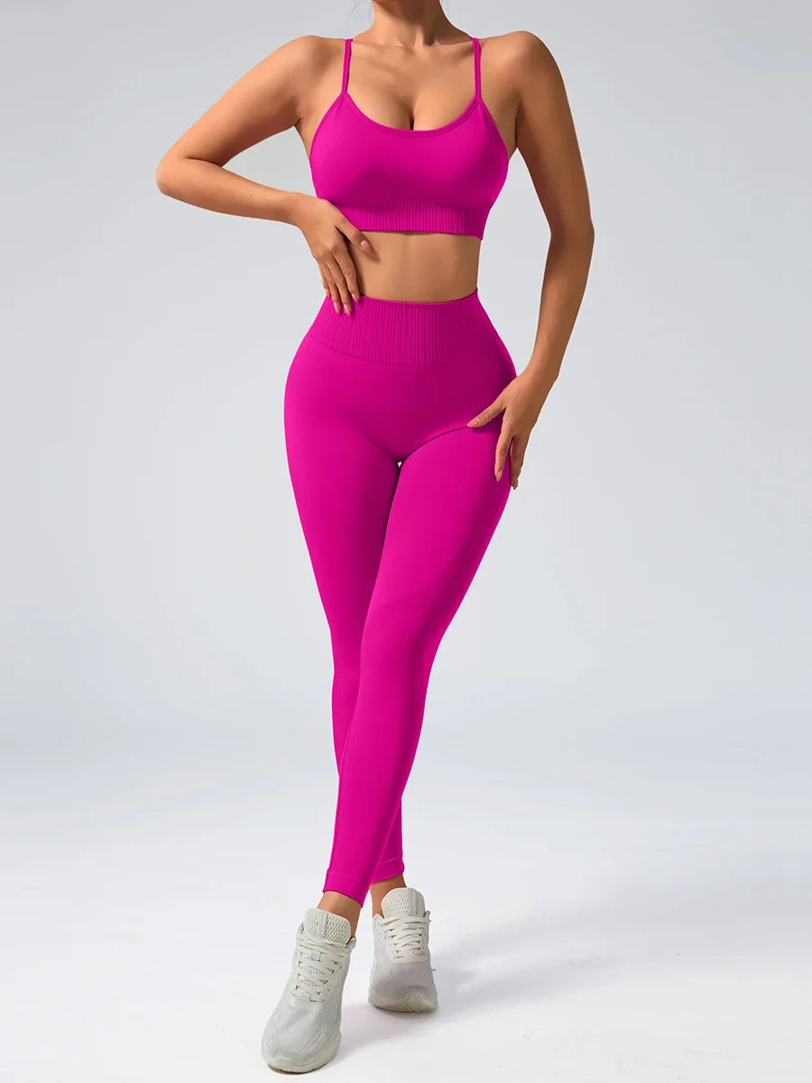 2 pcs/set Seamless Tight Pants Set Rose Red Tank Top Outfit Women's Clothing Breathable  Trousers  Athleisure Fitness Pants
