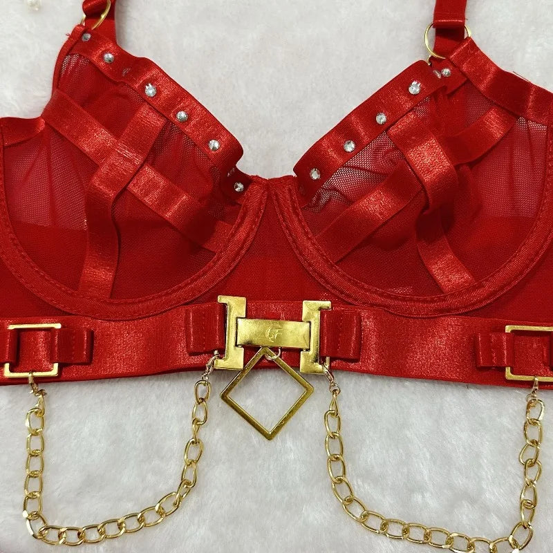 Toucheart Erotic Underwear Mesh See-through Patchwork Metal Chain Hot Girls Sexy Seductive Coquette Nightclub Party Dance Suit