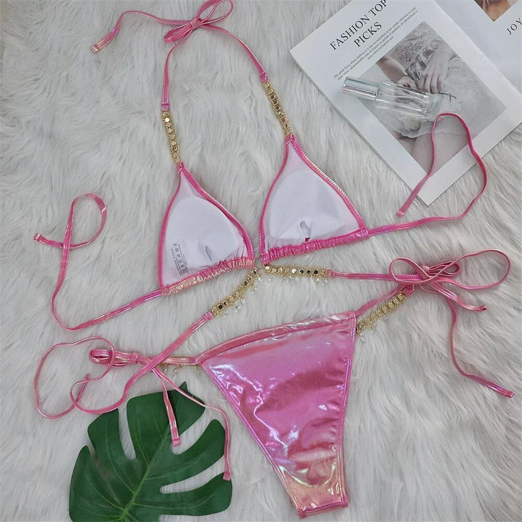 Diamond Rhinestones PU Faux Leather Bikini Female Swimsuit Women Swimwear Two-pieces Bikini Set Bather Bathing Suit Swim V5131