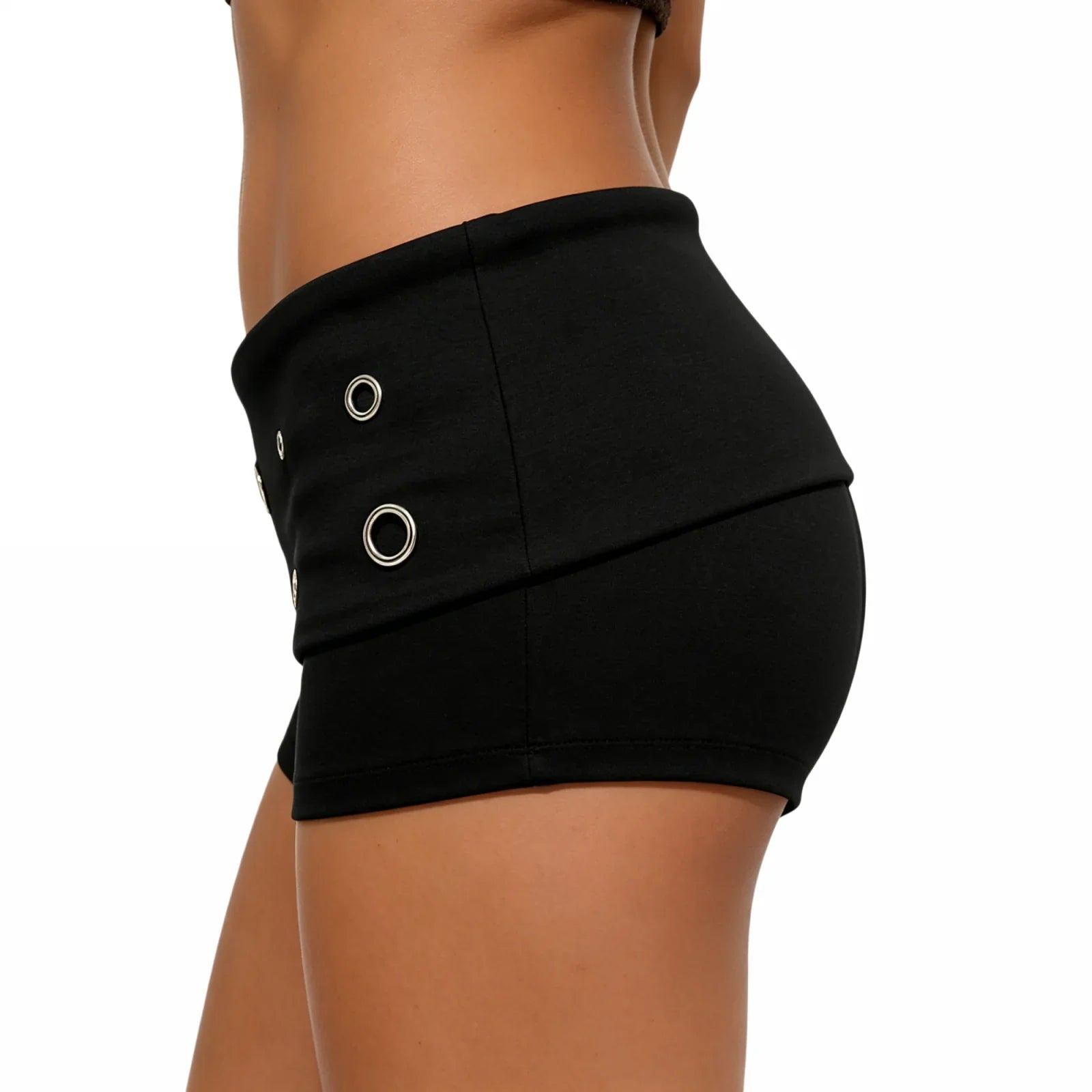 2026 Summer Women's Shorts Low Rise Solid Color Slim Fit Hot Pants with Metal Eyelet Fold-over Party Club Shorts Streetwear