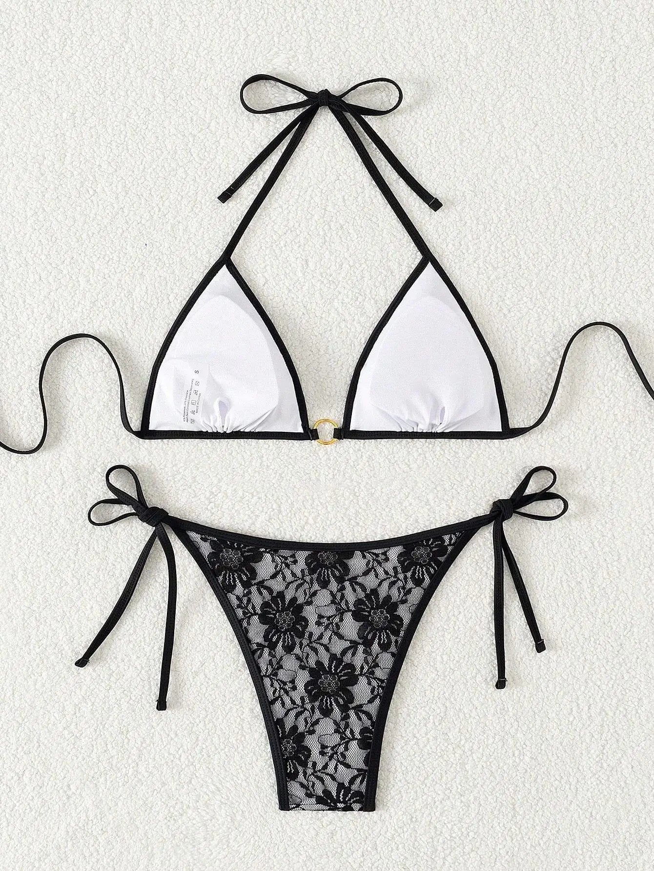 Embroidery Mesh Lace Halter Bikini Female Swimsuit Women Swimwear Two-pieces Bikini Set High Cut Bathing Suit Swim Beach Wear