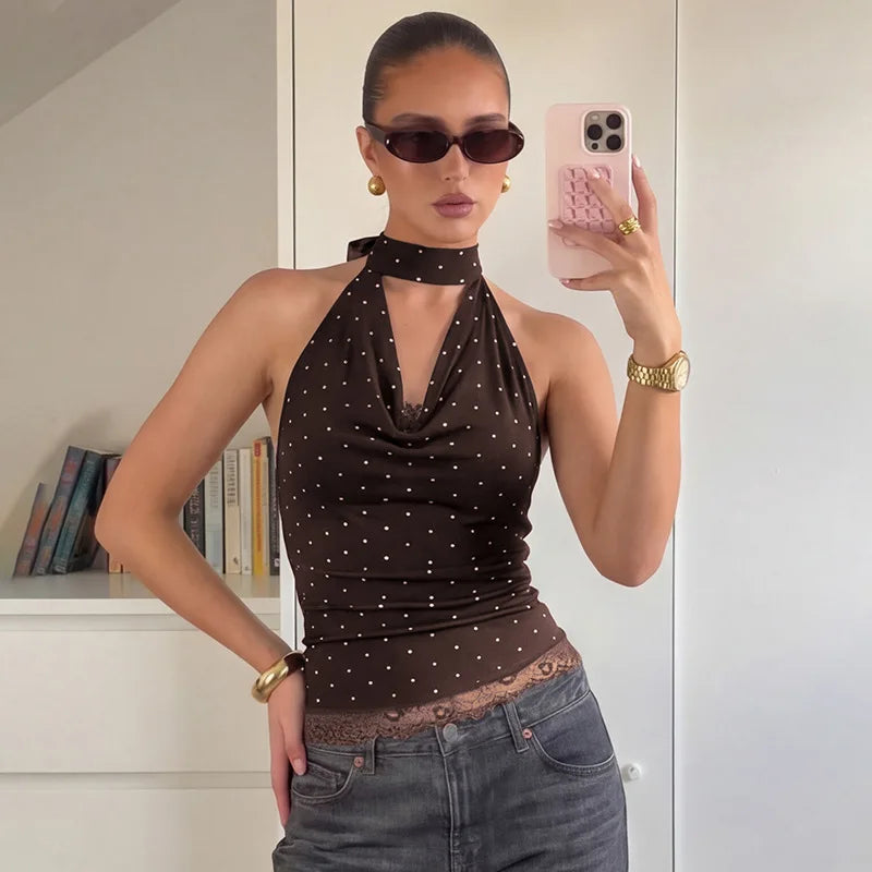 FDYOUI Women's Chic Polka Dot Tanks Top 2026 Summer Off Shoulder Lace Patchwork Corset Bandage Backless Crop Tops Streetwear