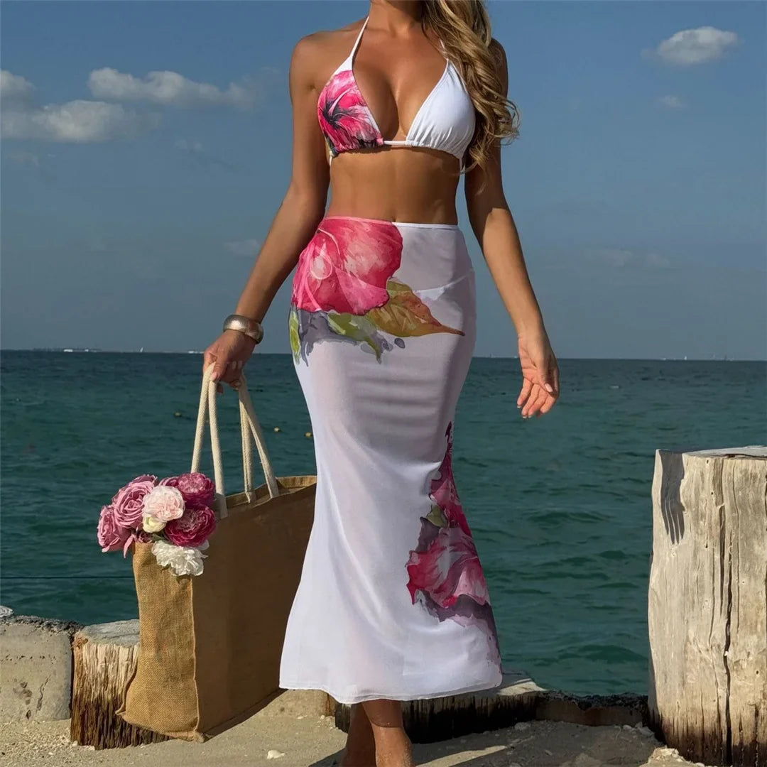 10 Color Flowers Halter Bikini Female Swimsuit Women Swimwear Three-pieces Bikini set With Skirt Bather Bathing Suit Swim V6637C