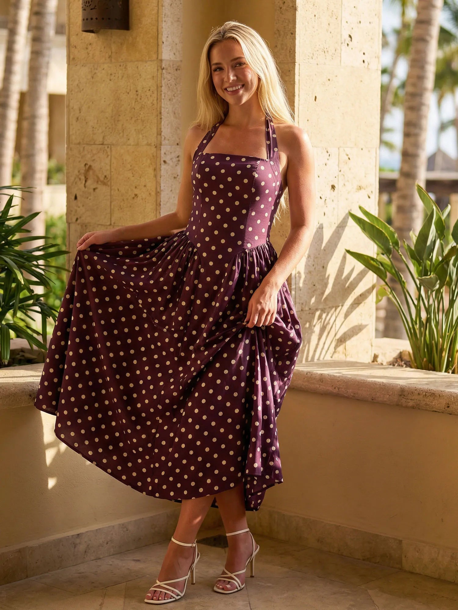 Women's Summer Halter Neck Long Dress Dot Print Sleeveless Backless A Line Dresses for Beach Party