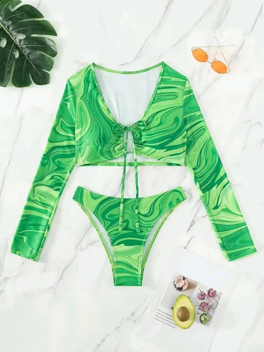 2026 Hollow Out String Long Sleeve 2 Piece Bikini Women Swimwear Female Swimsuit Bathers Bathing Swimming Suit Beachwear Summer