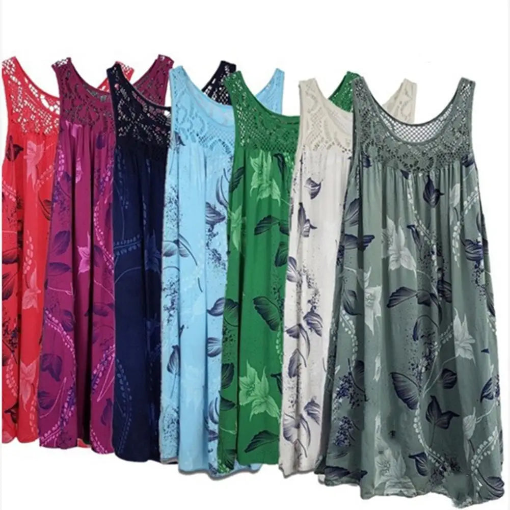 Mini Dress Floral Printed Lace Stitching O-Neck Sleeveless Women Summer Loose Tank Dress