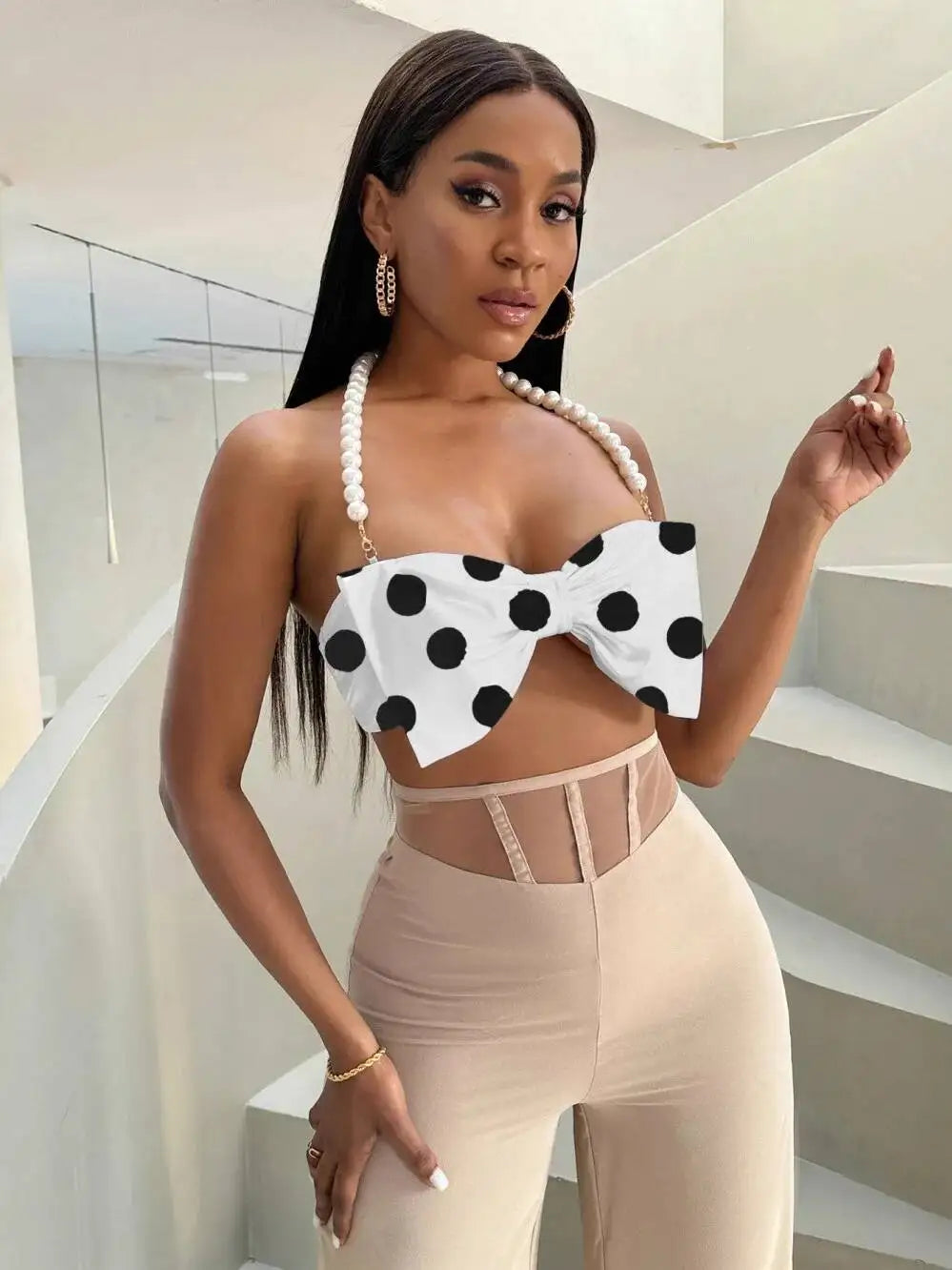 Women's Pure Desire Sexy Hot Girl Polka Dot Halter Pearl Bowknot Strap Vest Hanging Neck Pure Desire Casaul Style Vest IFQ9