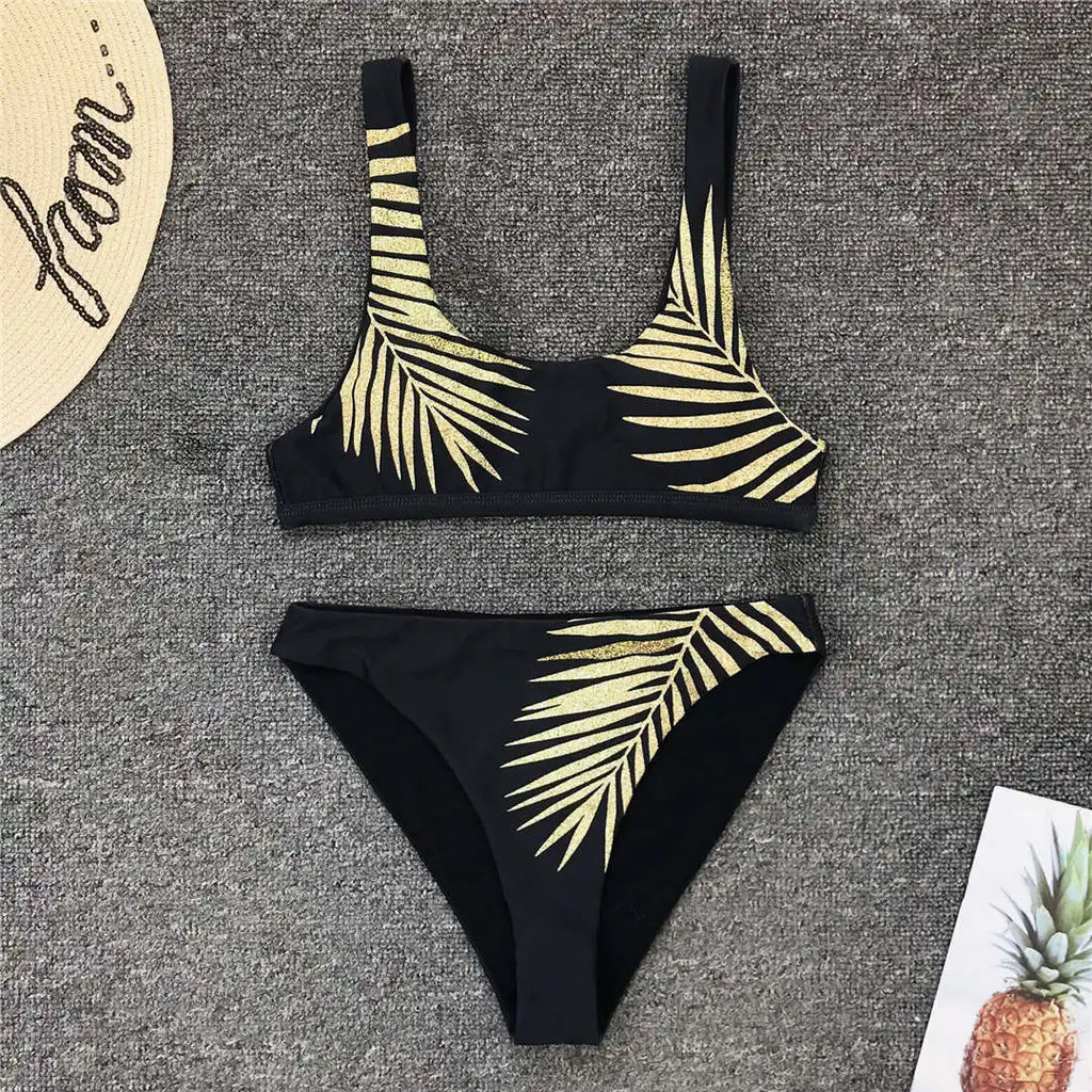 New Sexy Leaves Printed Female Swimsuit High Waist Bikini Women Swimwear Two-Pieces Bikini Set Bather Bathing Suit Swim V1795