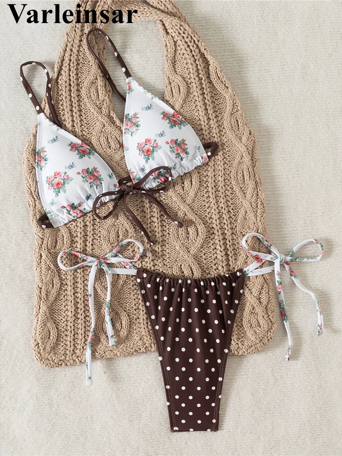 New Floral Flowers Dots High Cut Leg Bikini Women Swimwear Female Swimsuit Two-pieces Bikini set Bather Bathing Suit Swim V6964