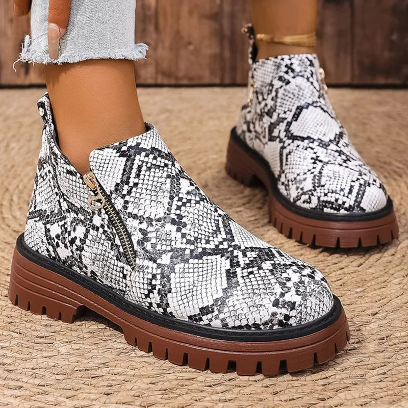 Fashion Snake Print Ankle Boots Women Spring Autumn Plus Size 36-43 Platform Boots for Woman Zipper Up Round Toe Botas Lady