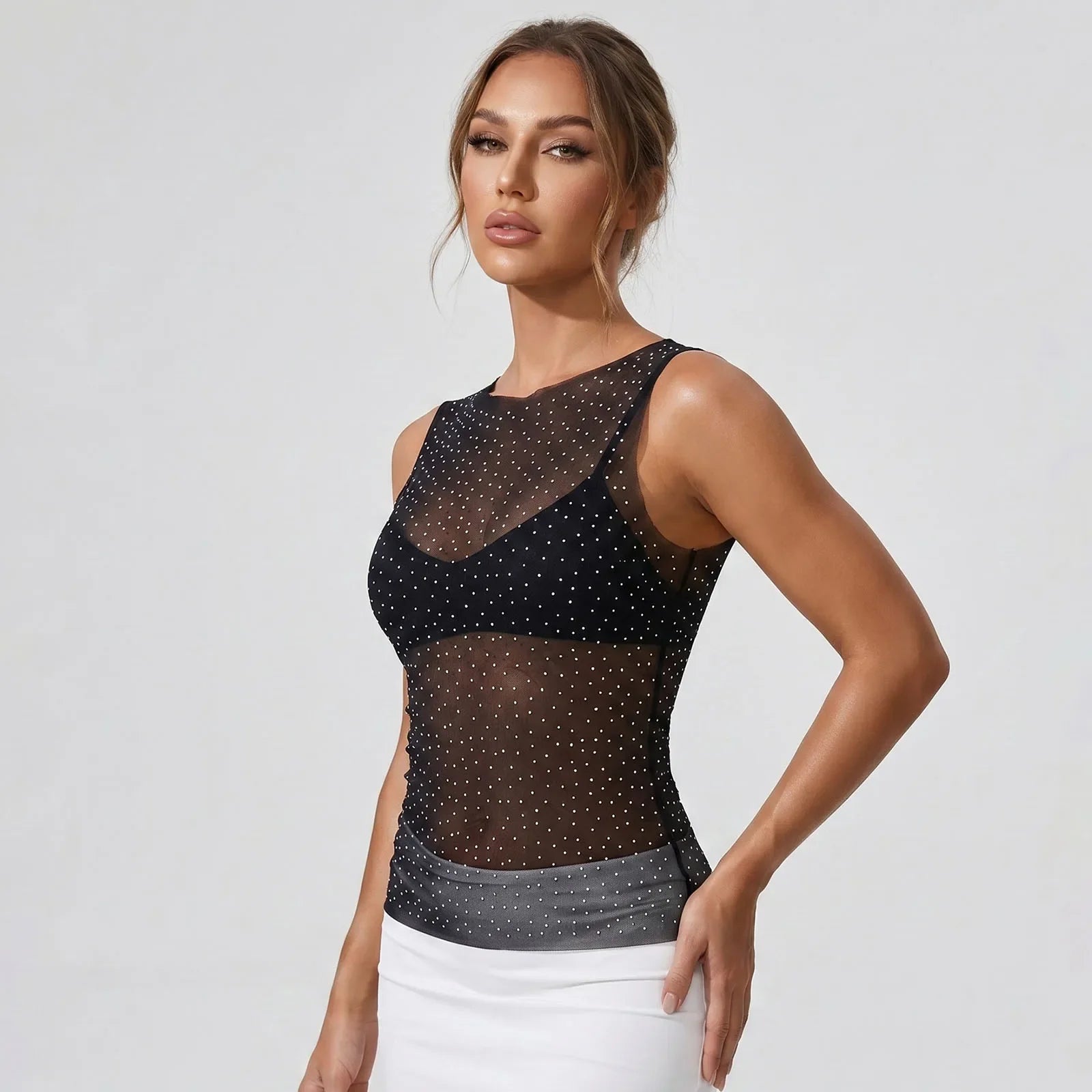 Women Sheer Rhinestones Tank Tops Mesh Sleeveless Shirt Aesthetic Beach Club Sexy Basic Vest Streetwear Summer