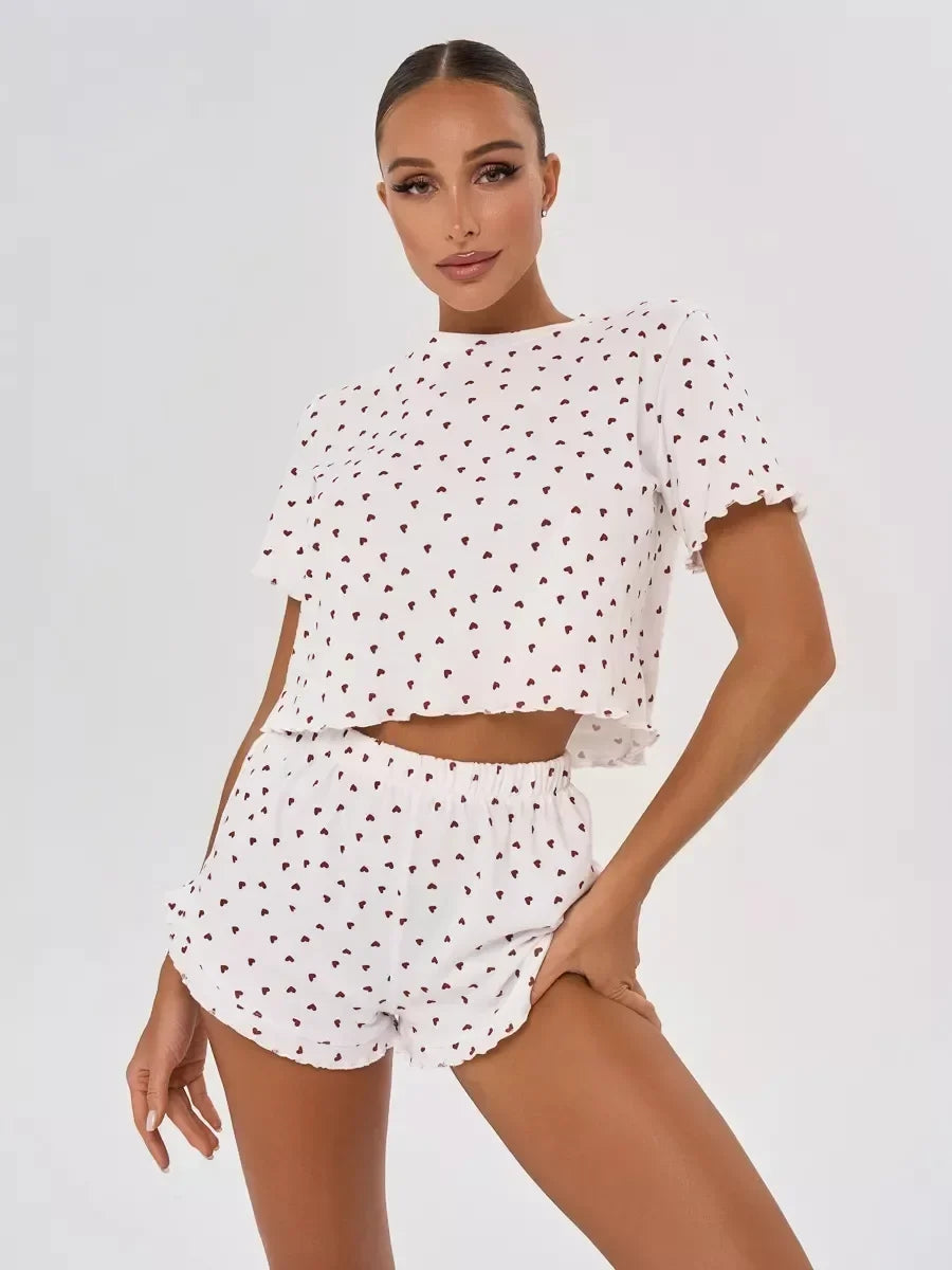 Heart Print Casual Round Neck Short Sleeve Shorts Two-piece Set Pajamas Set Women Summer Sleepwear Home Wear