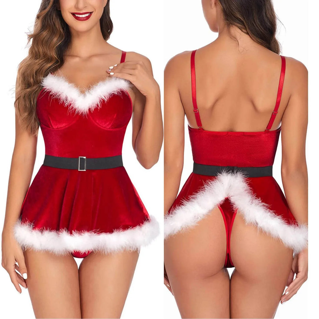 Women's Sexy Nightgown Santa Claus Cosplay Costume Floral Lace Belted Furry Sleep Dress With Thong Lingerie.