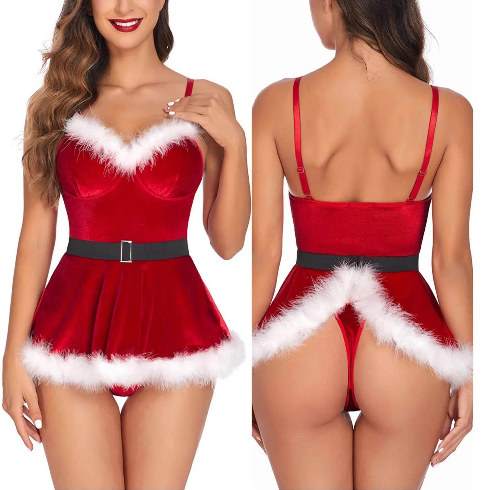 Women's Sexy Nightgown Santa Claus Cosplay Costume Floral Lace Belted Furry Sleep Dress With Thong Lingerie.