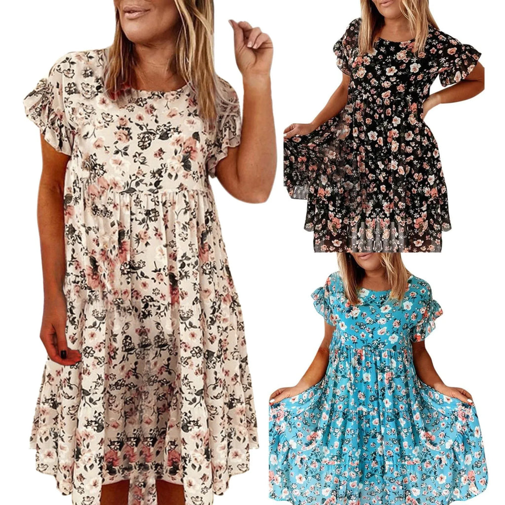 Summer Lady Ruffle Mini A Line Dress Women Casual Floral Print Dresses O Neck Elegant Short Sleeve Midi Dress Vacation Vestidos