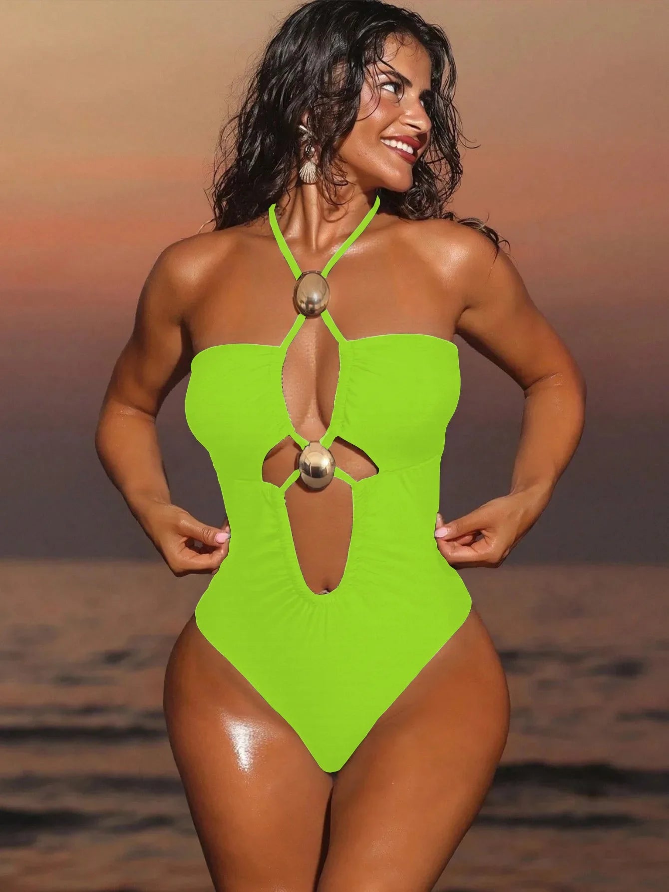 2026 Summer Women's One-piece Suit Swimwear Sexy Hollow Out Neck Lace-up Bodysuit Beachwear High Waist Push Up Bathing Suits