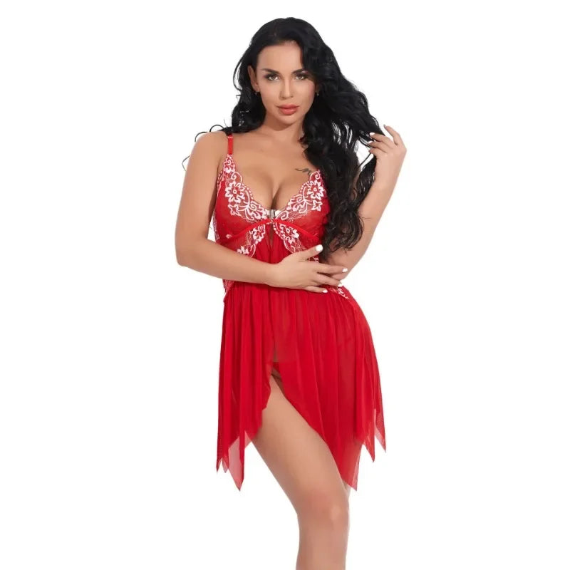 Toucheart Sexy Lingerie Set Women's Lace Nightgown Mesh See-through Suspender Dress Lace Patchwork Sexy Ultra Thin Pajama Set
