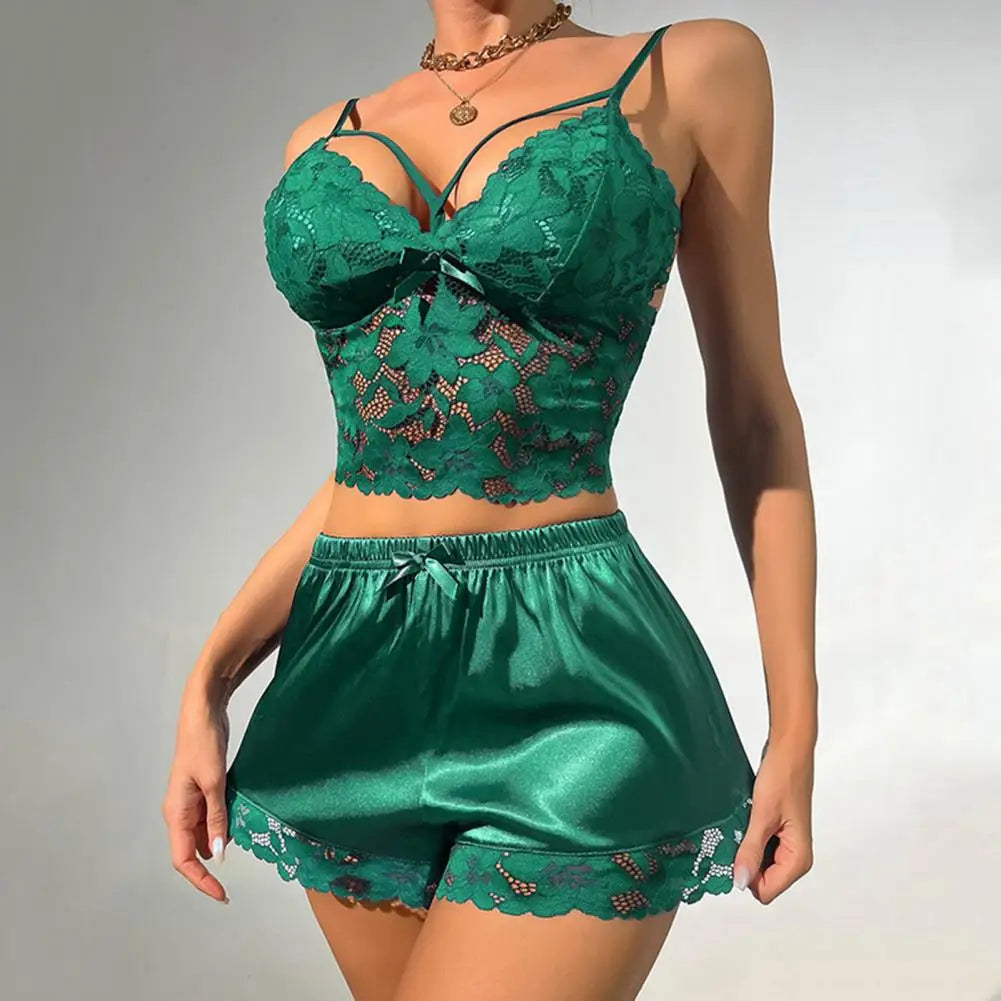 2 Pcs/Set Women Pajama Set Hollow Out Lace V Neck Sleeveless Crop Top High Waist Satin Shorts Anniversary Sleepwear Outfits