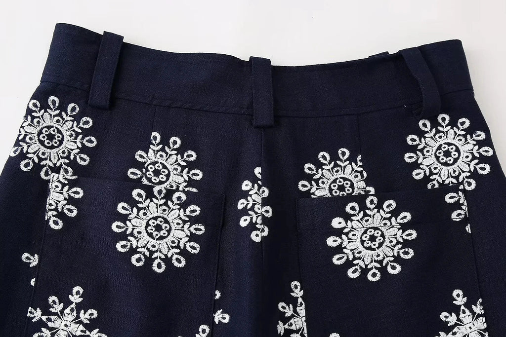Foridol Floral Embroidery Cropped Pants Women Summer Casual Zip Navy Blue Fashion Female Pants Pantalones 2025 Mujer
